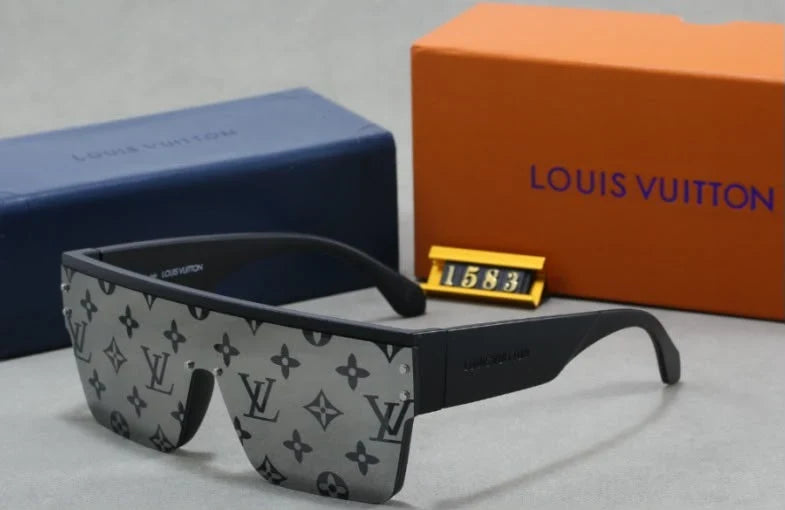 Louis Vuitton shield sunglasses with a gray and black monogram pattern, displayed with an orange Louis Vuitton box, a blue Louis Vuitton case, and a small gold tag on a gray surface.