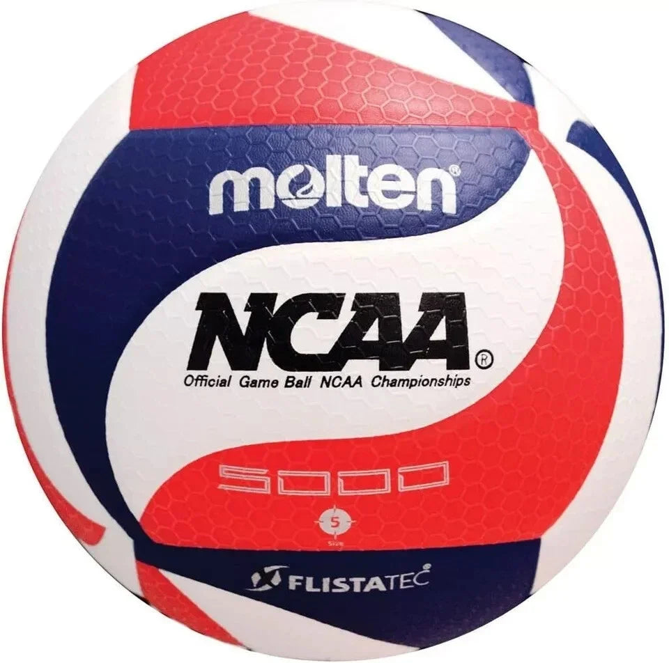 A Molten NCAA 5000 volleyball with red, white, and navy blue panels, featuring the NCAA logo and FLISSTATEC branding.