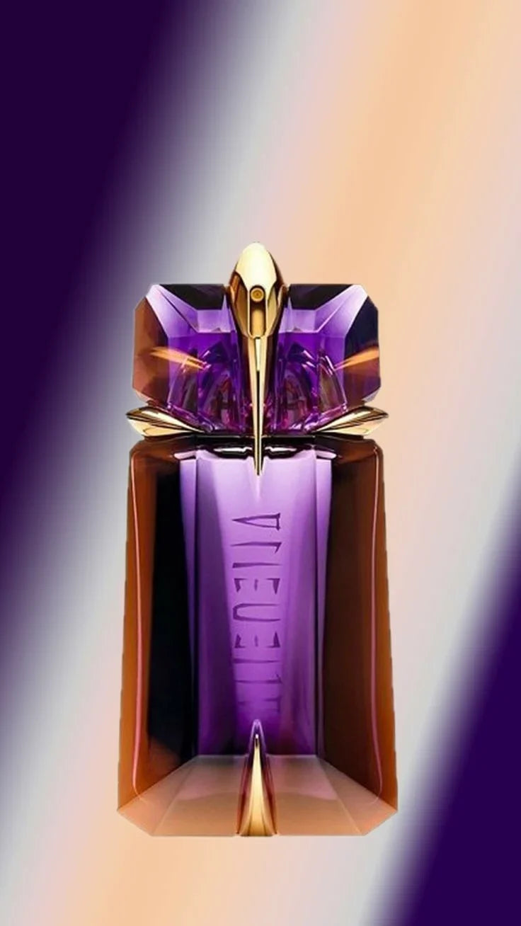A luxury perfume bottle with a faceted purple crystal cap and a purple glass body, featuring a gold spear-like finial and the brand name 'VIVIENNE' printed vertically on the front, set against a purple and beige gradient background.