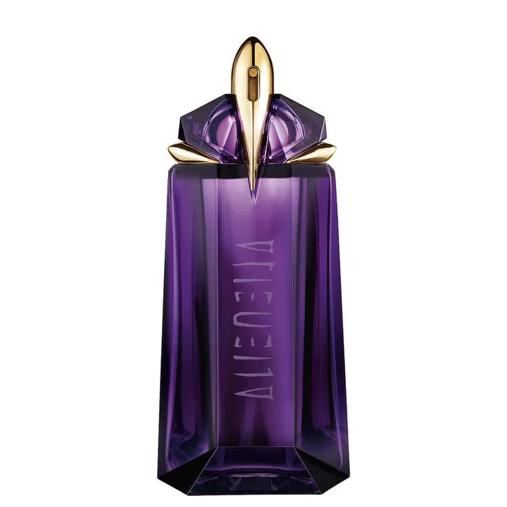 Purple perfume bottle with gold cap on a white background