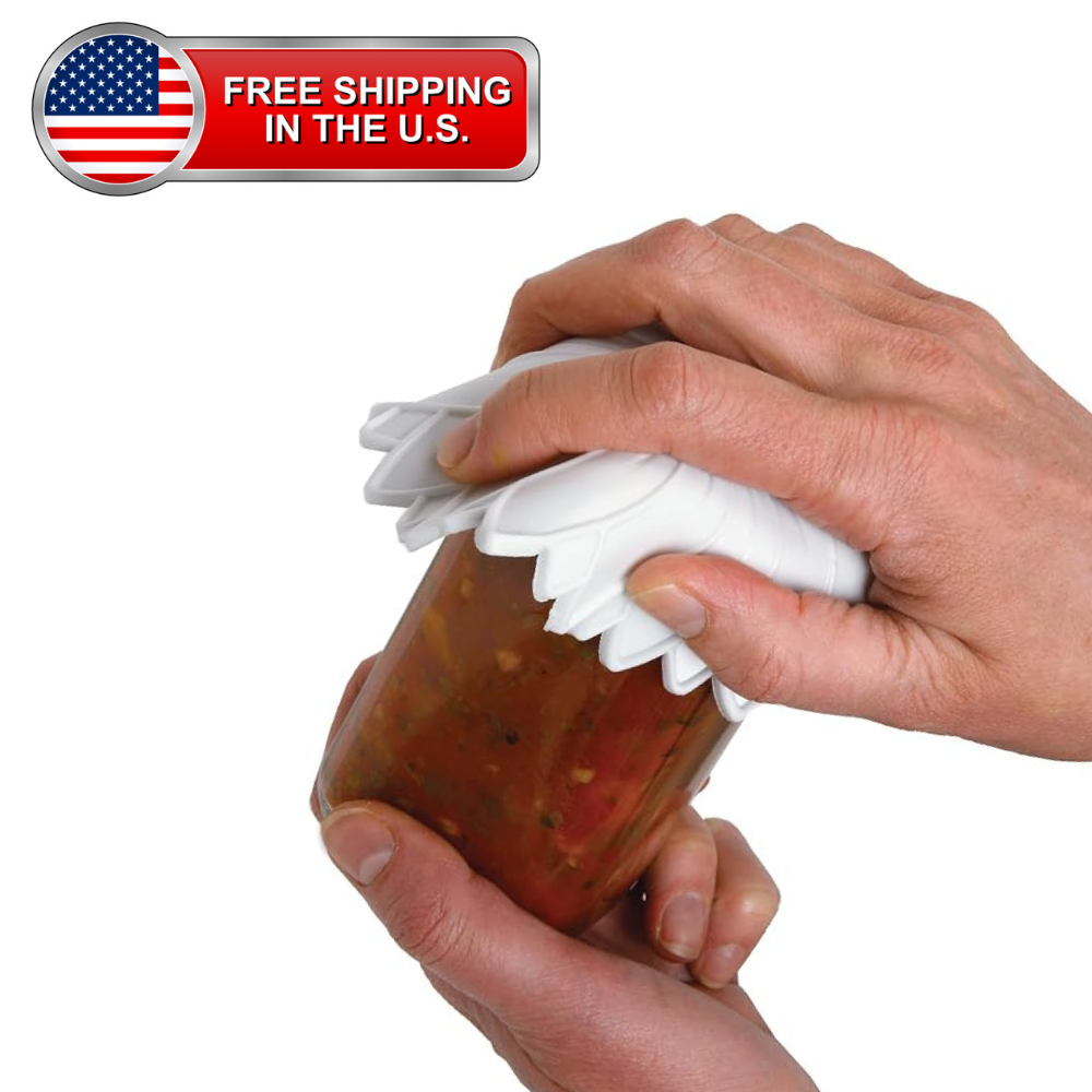 A pair of hands demonstrating a white plastic jar lifter tool on a glass jar filled with food, against a white background with a 'Free Shipping in the U.S.