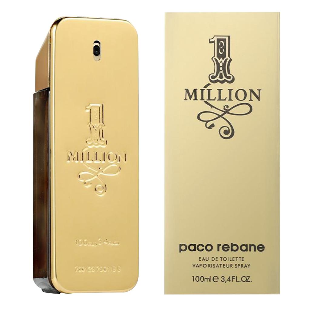 Gold perfume bottle and packaging of Paco Rabanne 1 Million on a white background