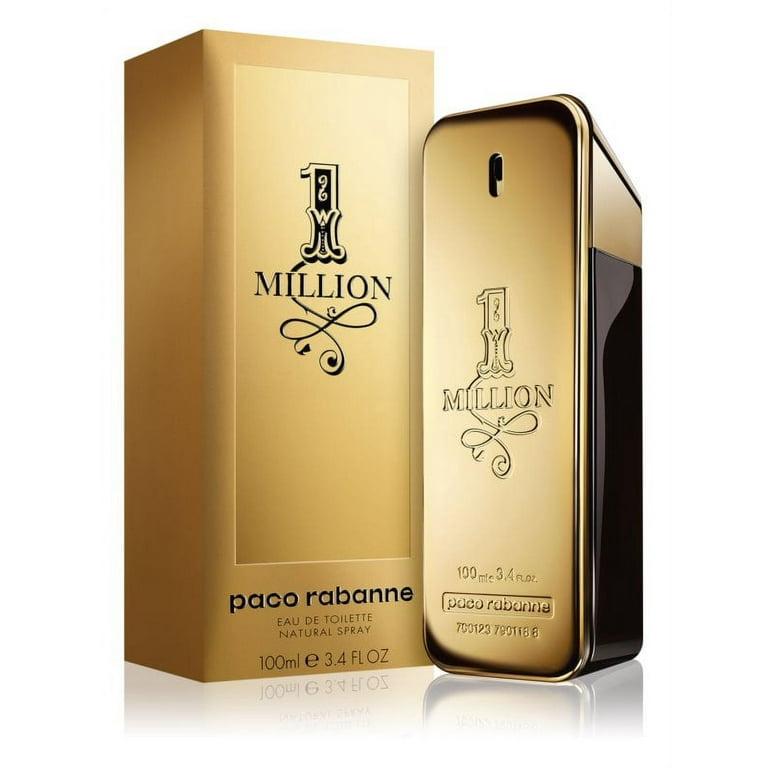 Paco Rabanne 1 Million Eau de Toilette bottle and packaging box, both in a metallic gold finish with black lettering, on a white background with a subtle reflection.