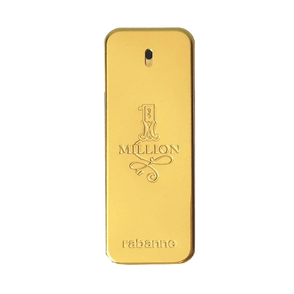 A gold rectangular fragrance bottle with rounded corners, featuring the embossed text '1 MILLION' and the 'rabanne' brand name near the bottom, set against a plain white background.
