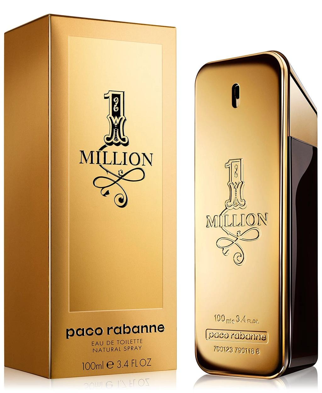 Paco Rabanne 1 Million Eau de Toilette shown with its gold box and the metallic gold perfume bottle on a white background.