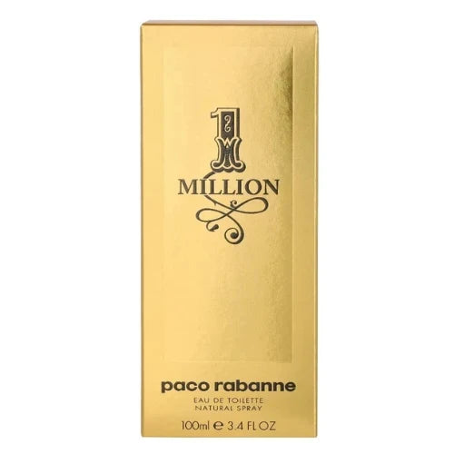 Paco Rabanne 1 Million Eau de Toilette natural spray 100ml box in metallic gold with black lettering, shown on a plain white background.