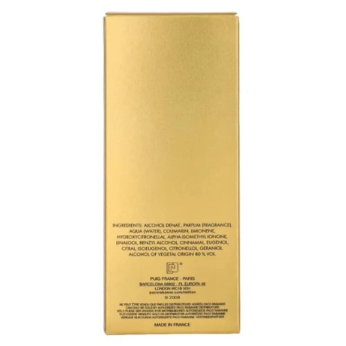 A tall, rectangular gold box shown from the back side, featuring black text with ingredients, manufacturing details, and a Made in France label, set against a plain white background.