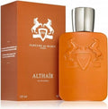 Althair Eau de Parfum by Parfums de Marly, featuring a square orange bottle with a silver cap next to its matching orange packaging box.