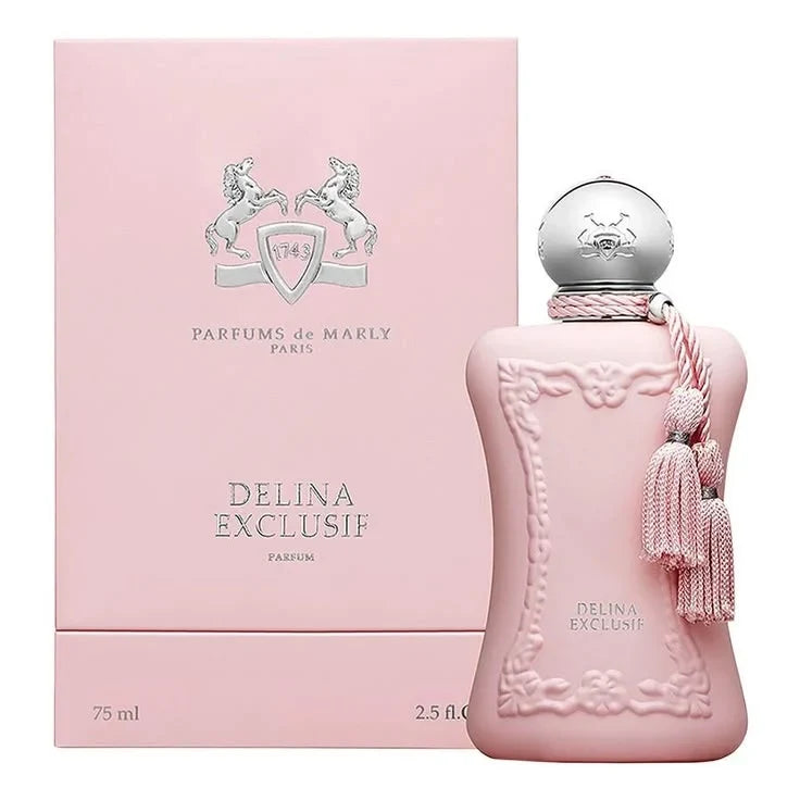 Pink perfume bottle with decorative elements and packaging on a white background