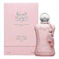 Pink perfume bottle with decorative elements and packaging on a white background
