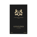 Godolphin Eau de Parfum 125ml box by Parfums de Marly, featuring a black background with gold lettering and a crest of two rearing horses.
