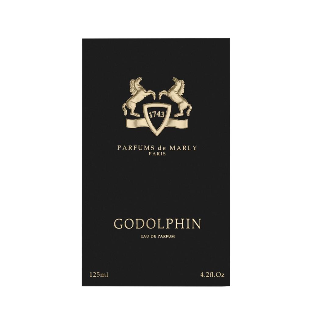 Godolphin Eau de Parfum 125ml box by Parfums de Marly, featuring a black background with gold lettering and a crest of two rearing horses.