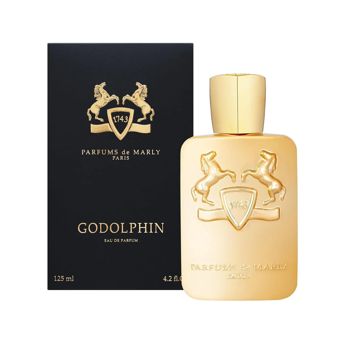 Gold Parfums de Marly Godolphin perfume bottle and packaging on a white background