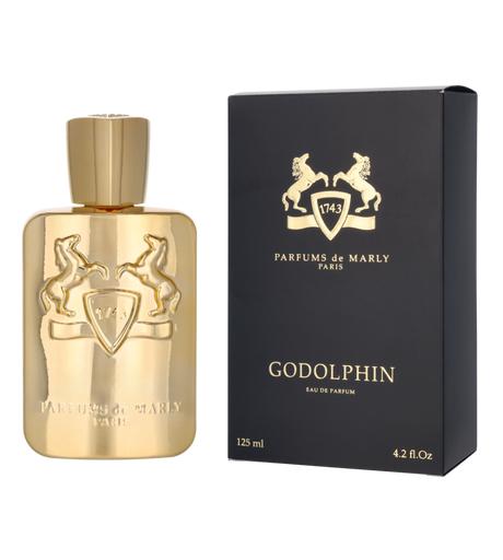 Godolphin Eau de Parfum by Parfums de Marly, shown with its gold-toned rectangular bottle and its black retail box featuring gold lettering and a horse crest.