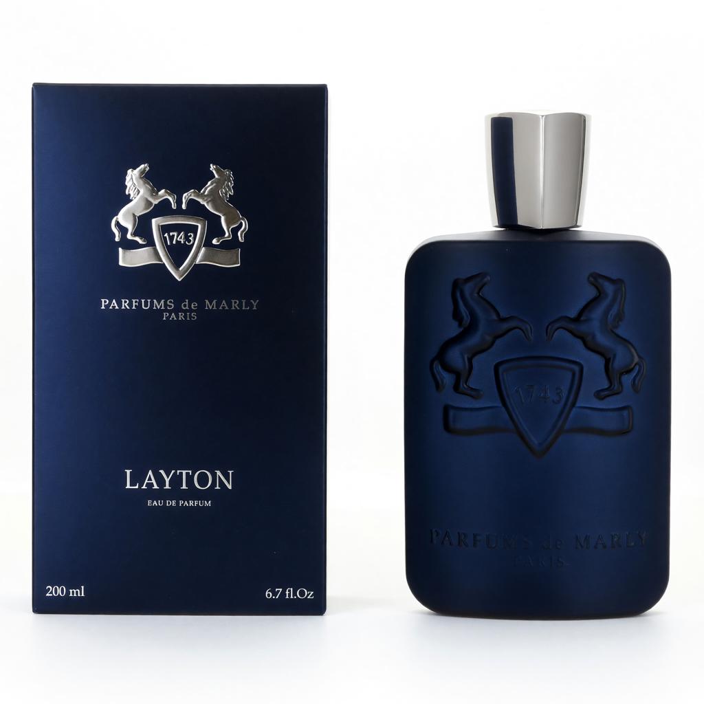 Parfums de Marly Layton perfume bottle and packaging on a white background