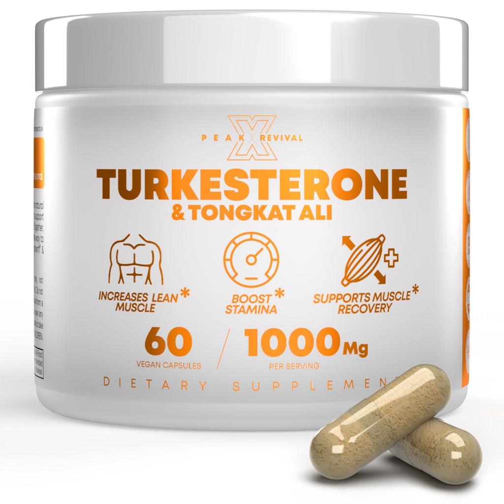 Supplement container labeled 'Turkesterone & Tongkat Ali' with capsules on a white background