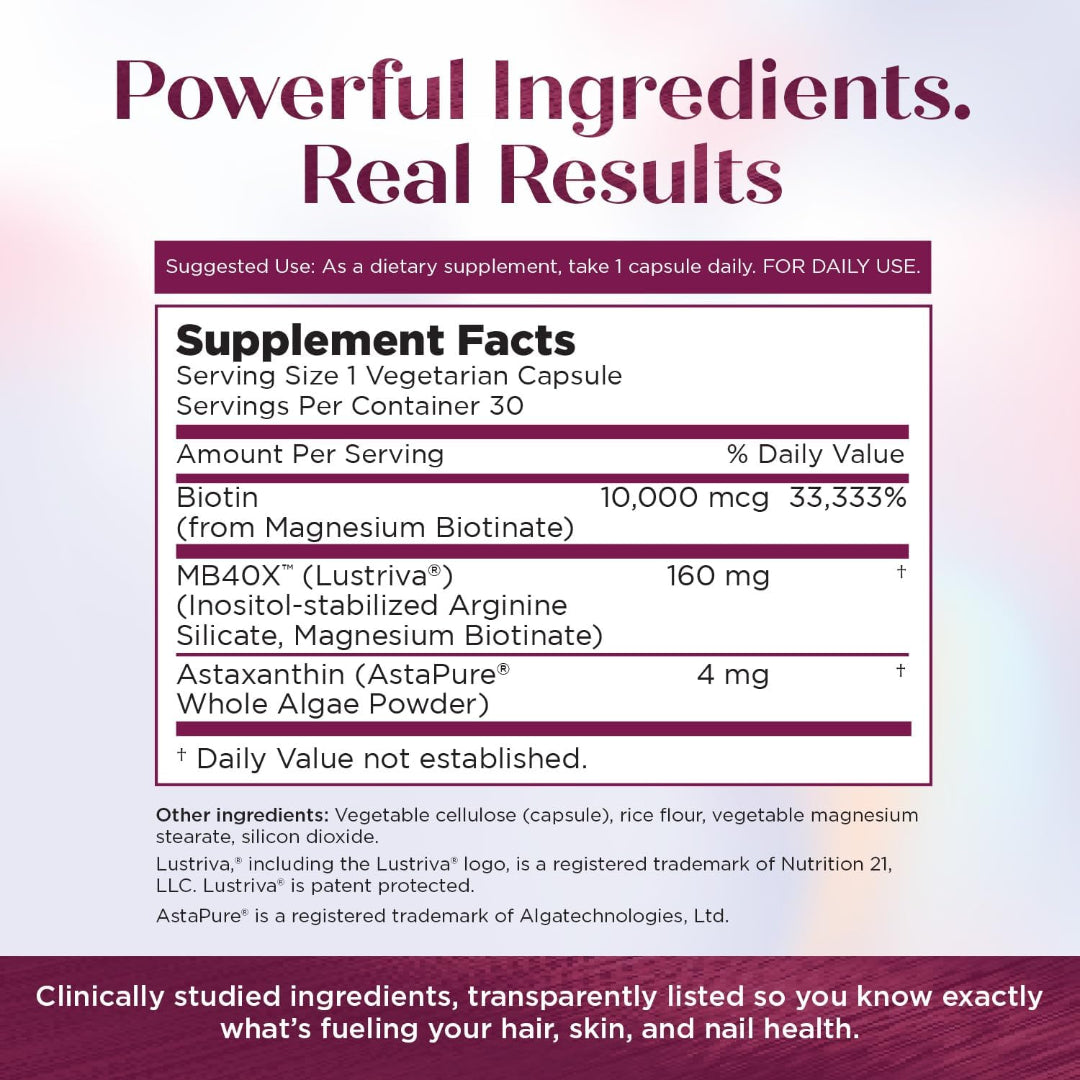 Purity Products MyBiotin ProClinical MB40X Biotin Vitamin B7 Hair & Skin Supplement 30 Veg Capsules