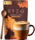 Ryzé Mushroom Coffee package shown with a wooden spoon and a cup of layered coffee drink on a clean white background.