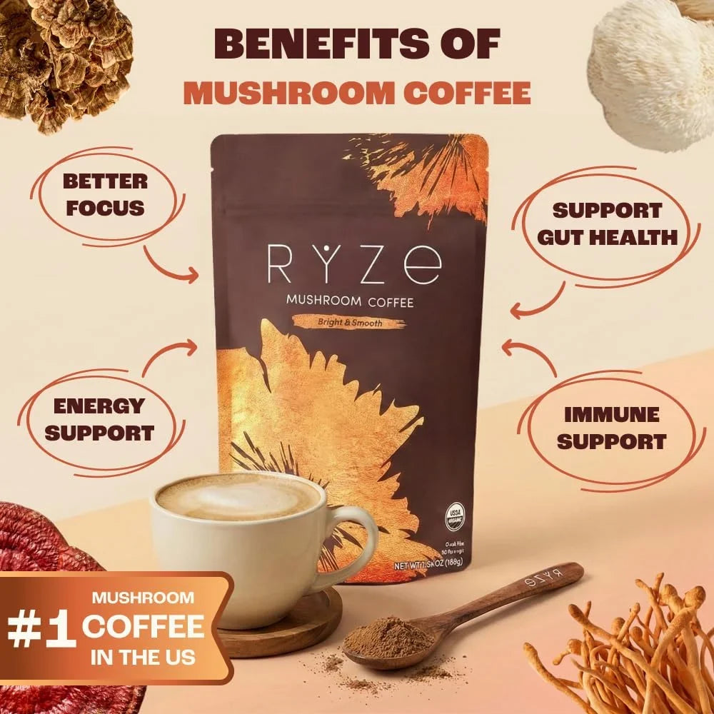 Rye Mushroom Coffee package with benefits listed and coffee cup on a beige background