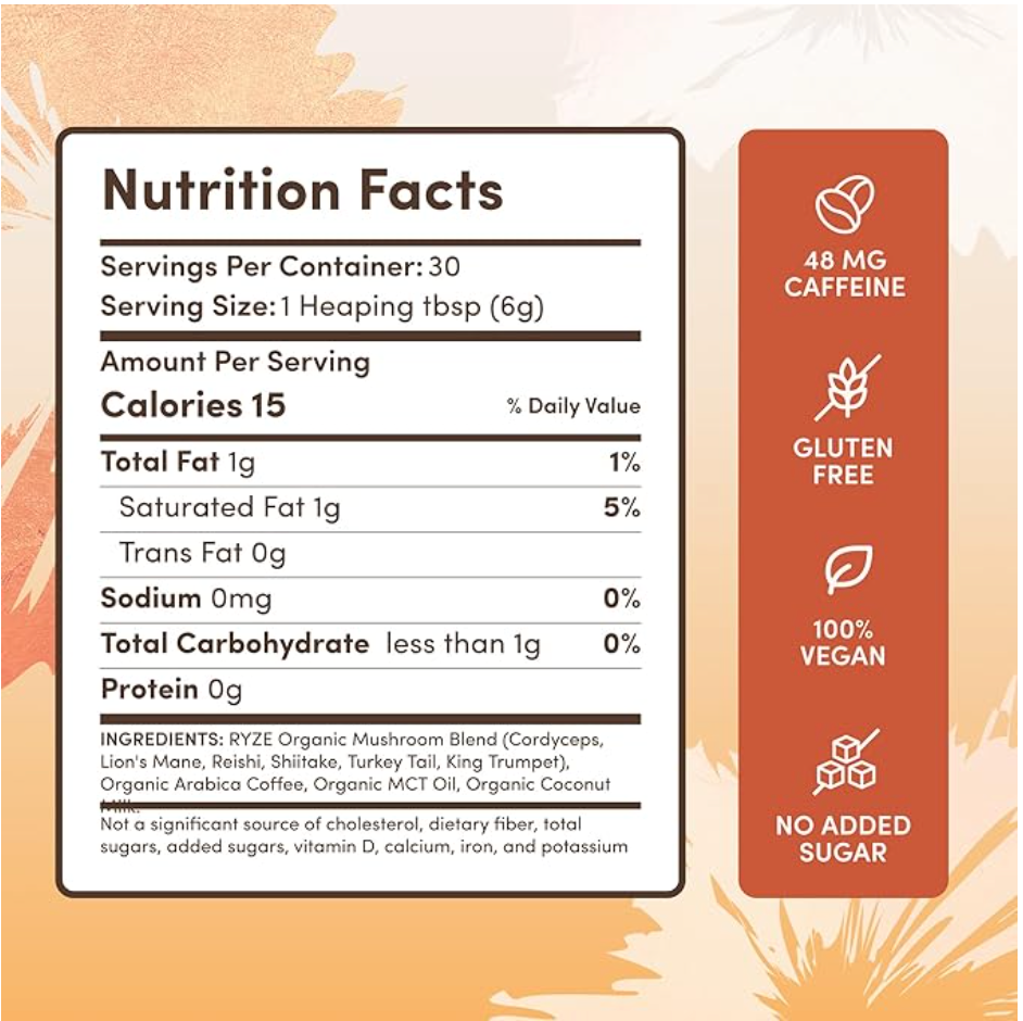 Nutrition facts label for a dietary supplement, showing 15 calories per serving and a list of ingredients. The label features a white background with black text inside a rounded rectangle, alongside an orange vertical banner highlighting product benefits: 48 mg caffeine, gluten free, 100% vegan, and no added sugar.