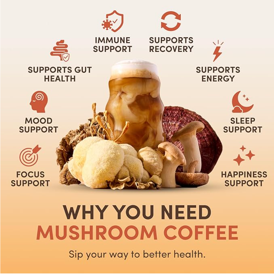 Promotional graphic for mushroom coffee with a frothy brown coffee cup in the center, surrounded by illustrated mushrooms and health benefit icons including immune support, gut health, energy, mood support, focus support, sleep support, recovery, and happiness support. Text at the bottom reads 'WHY YOU NEED MUSHROOM COFFEE' and 'Sip your way to better health.
