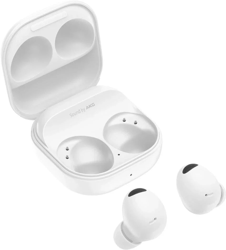 White wireless earbuds with charging case on a white background