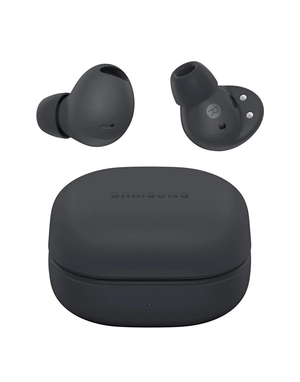 Samsung Galaxy Buds wireless earbuds in matte black, shown with the charging case on a clean white background. One earbud is displayed from the side, and the other is shown from the back, with the charging case positioned below.