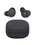 Samsung Galaxy Buds wireless earbuds in matte black, shown with the charging case on a clean white background. One earbud is displayed from the side, and the other is shown from the back, with the charging case positioned below.