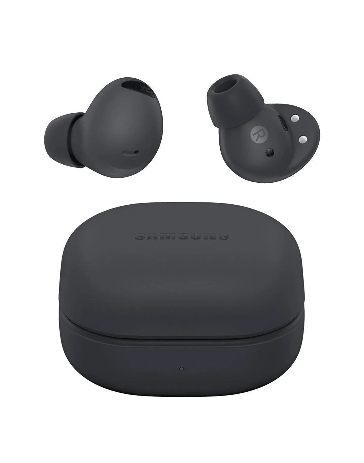 Samsung Galaxy Buds wireless earbuds in matte black, shown with the charging case on a clean white background. One earbud is displayed from the side, and the other is shown from the back, with the charging case positioned below.