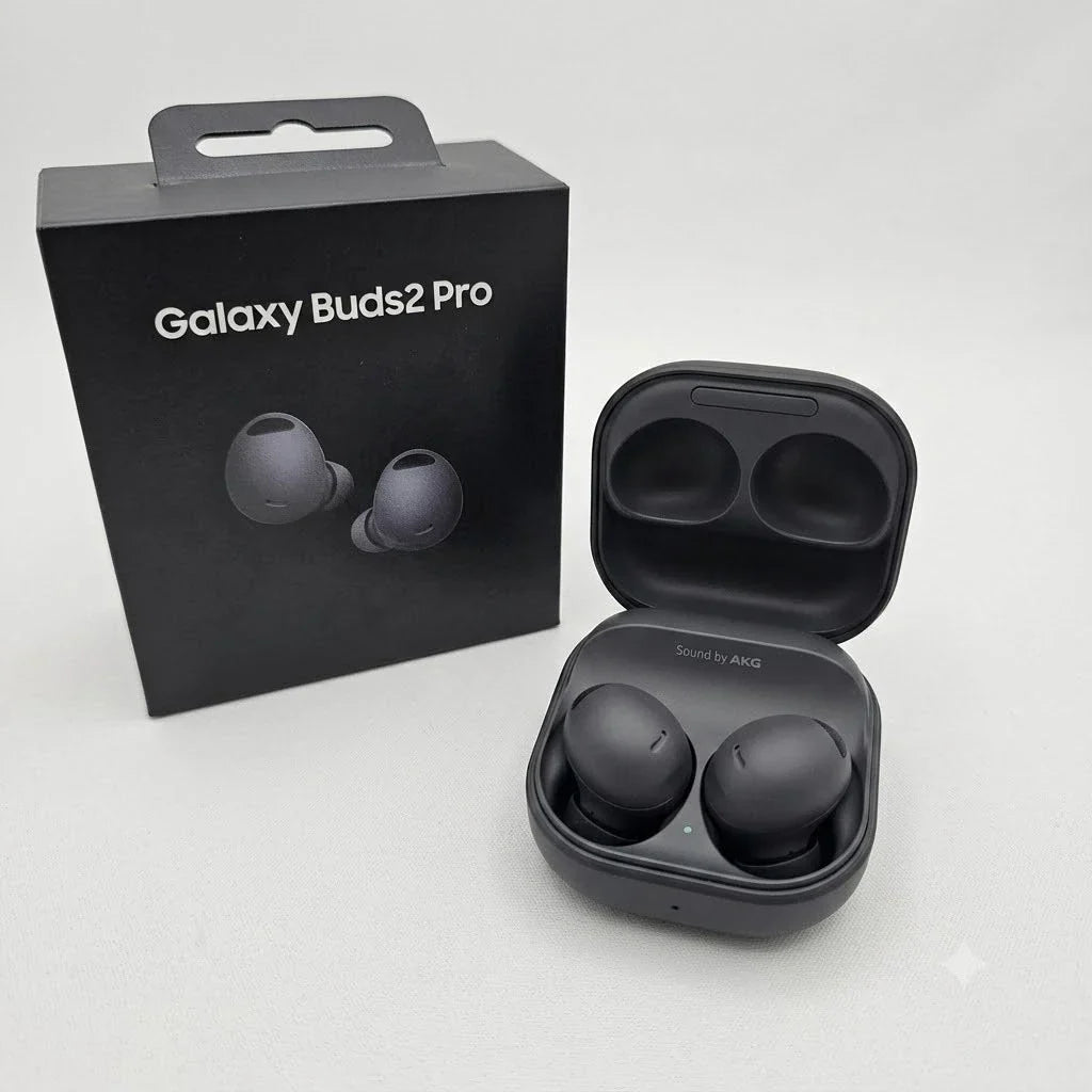 Black Samsung Galaxy Buds2 Pro wireless earbuds shown next to their original retail packaging box, with the charging case open to display the earbuds inside.
