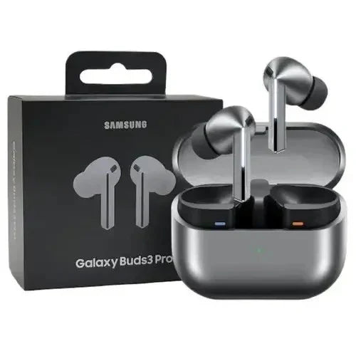 Samsung Galaxy Buds3 Pro wireless earbuds with charging case and packaging on a white background