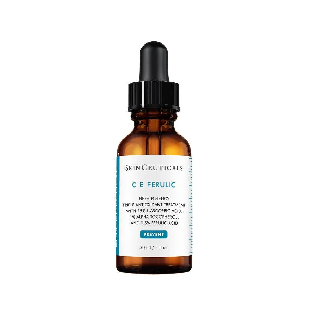 SkinCeuticals C E Ferulic amber glass dropper bottle with a black dropper cap and white label, centered on a plain white background.