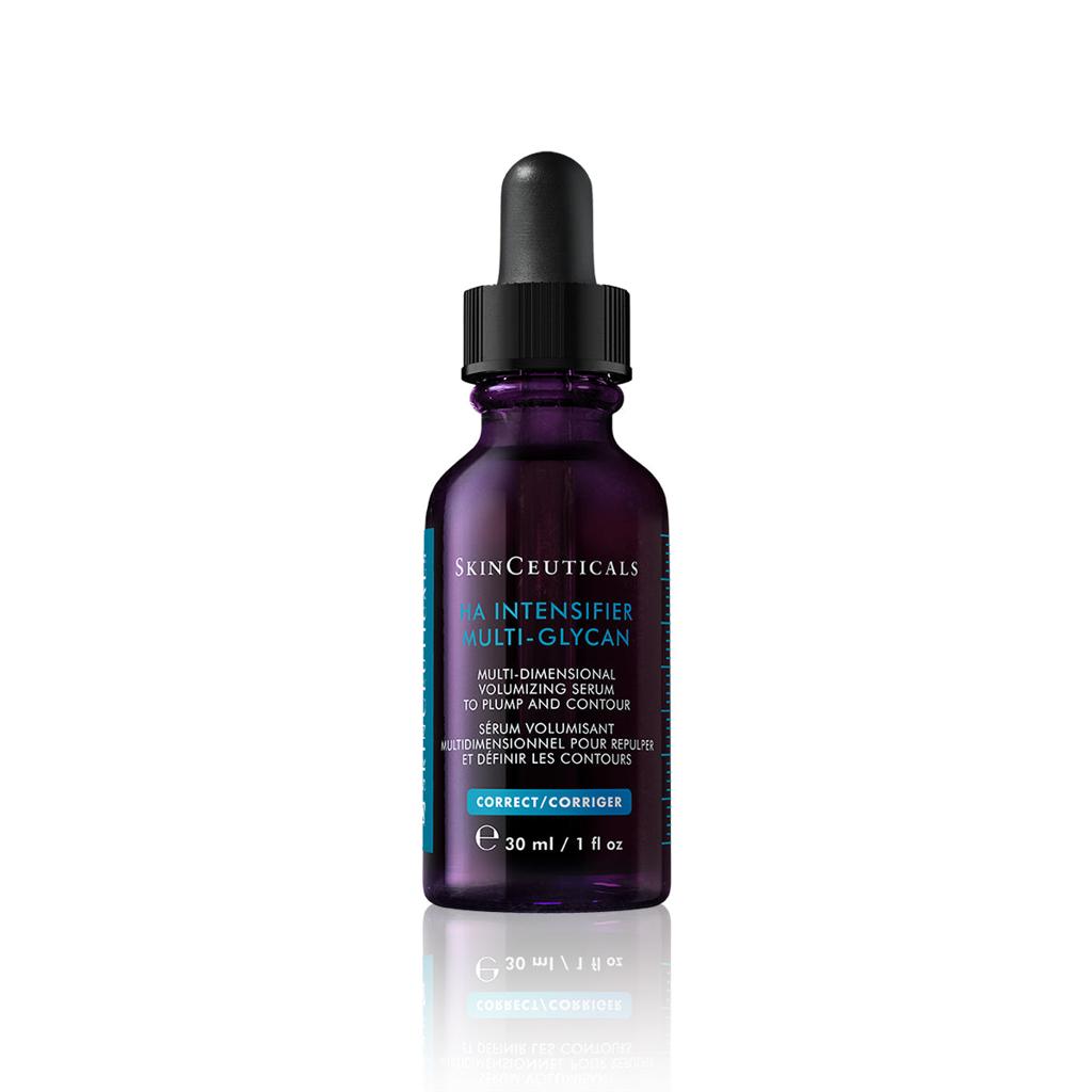 SkinCeuticals La Intensifier Multi-Glycan serum in a dark purple glass dropper bottle with a black cap, shown on a white background with a soft reflection.