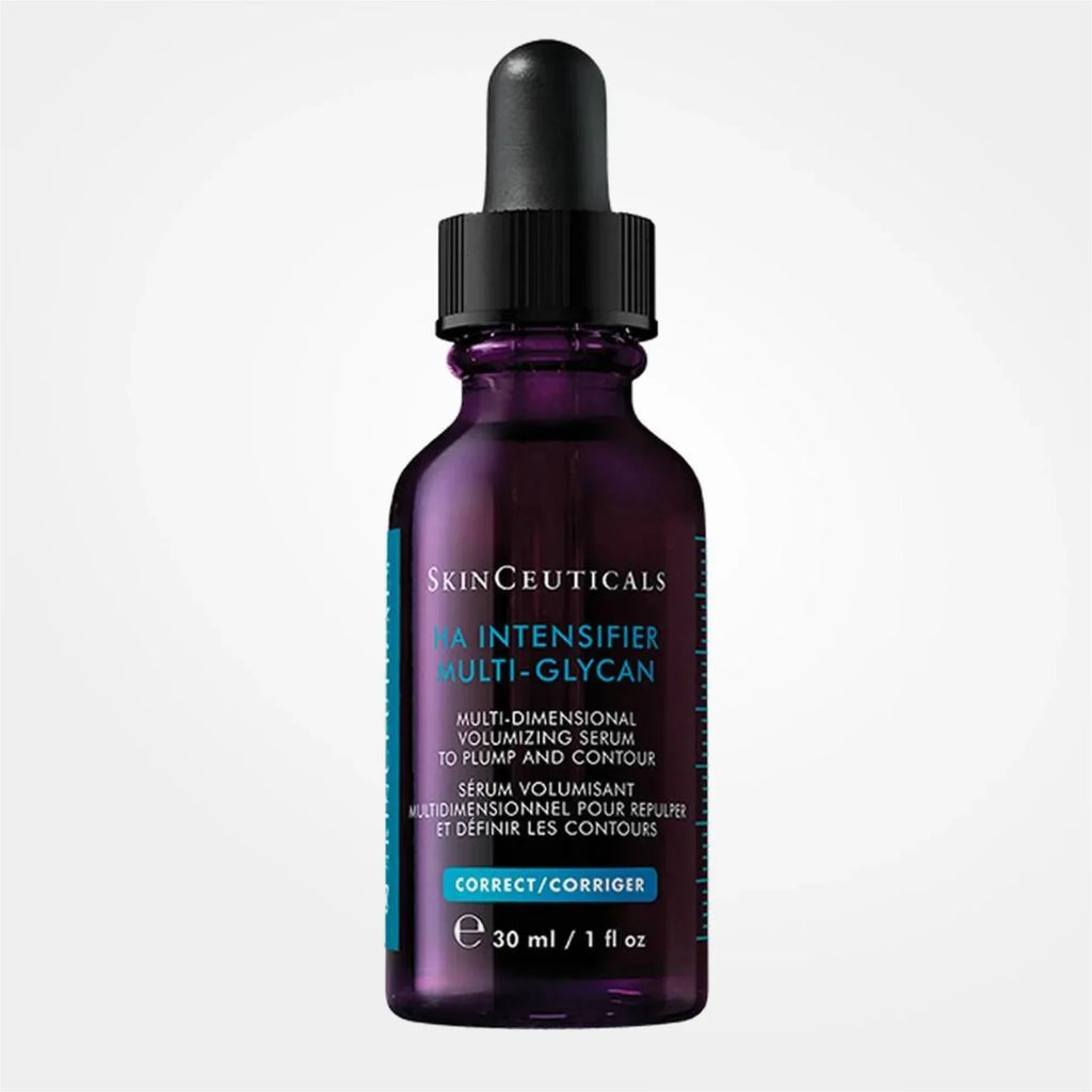 SkinCeuticals EA Intensifier Multi-Glycan multi-dimensional volumizing serum in a 30 ml purple glass dropper bottle, shown against a light gray background.