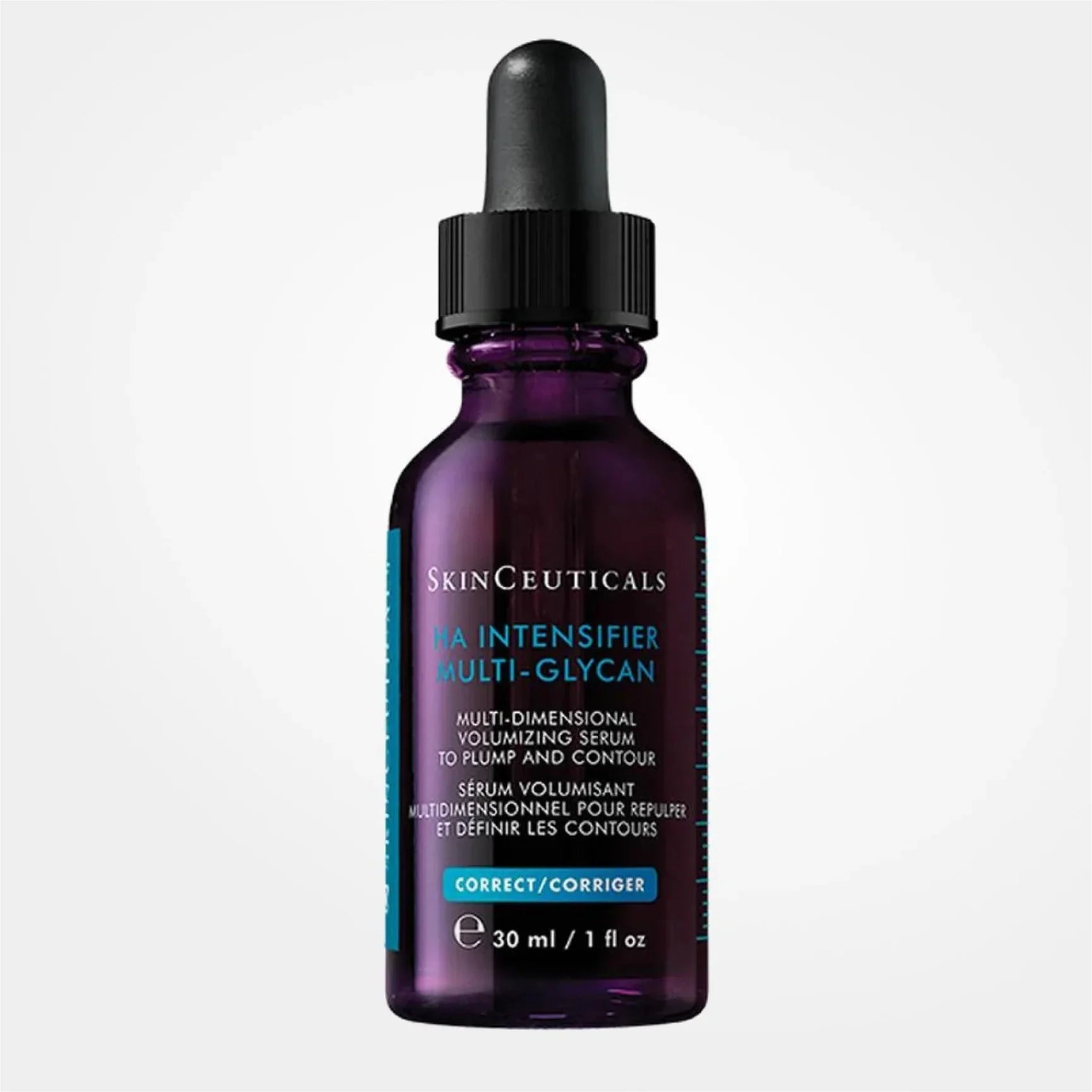 SkinCeuticals EA Intensifier Multi-Glycan multi-dimensional volumizing serum in a 30 ml purple glass dropper bottle, shown against a light gray background.