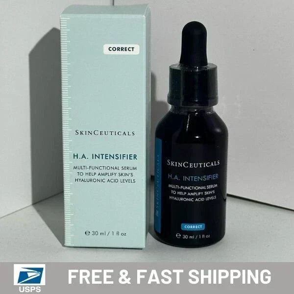 SkinCeuticals H.A. Intensifier serum bottle and packaging on a gray background with USPS free shipping text.