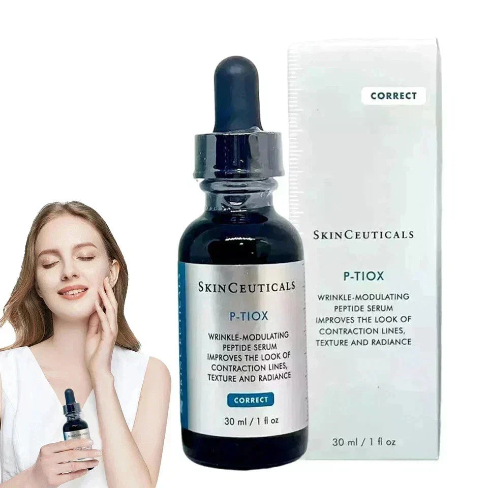 SkinCeuticals P-TIOX serum bottle and packaging with a woman holding the serum.