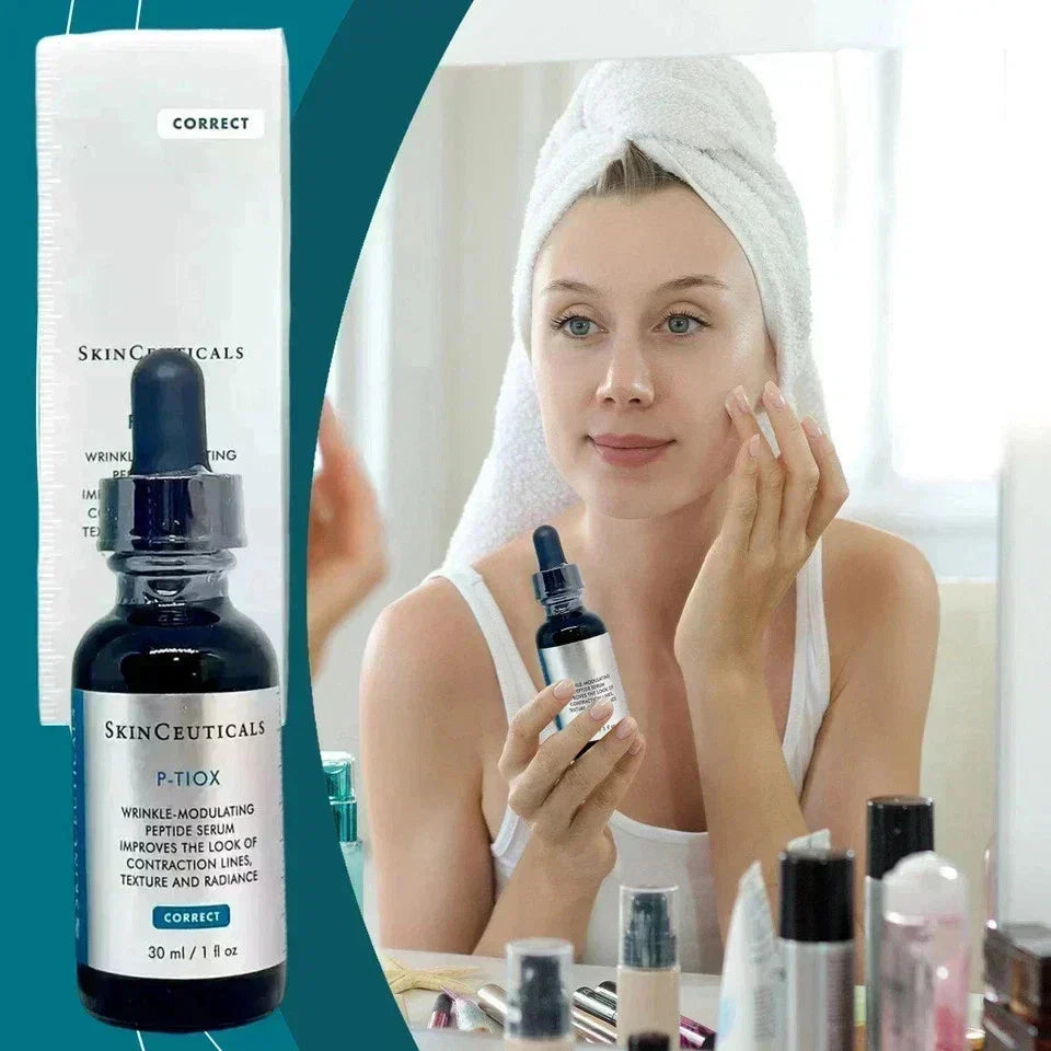 Woman applying skincare product with SkinCeuticals serum and packaging in the background.