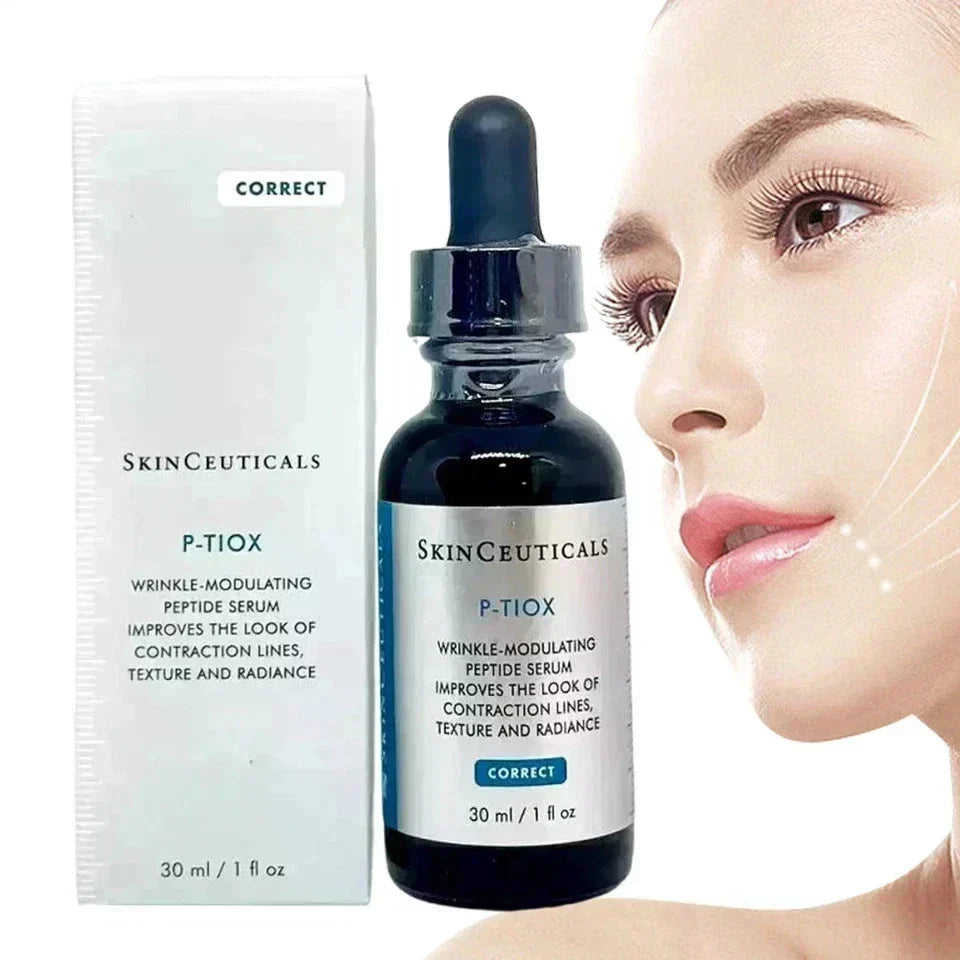 SkinCeuticals P-TIOX serum bottle and packaging with a close-up of a woman's face.