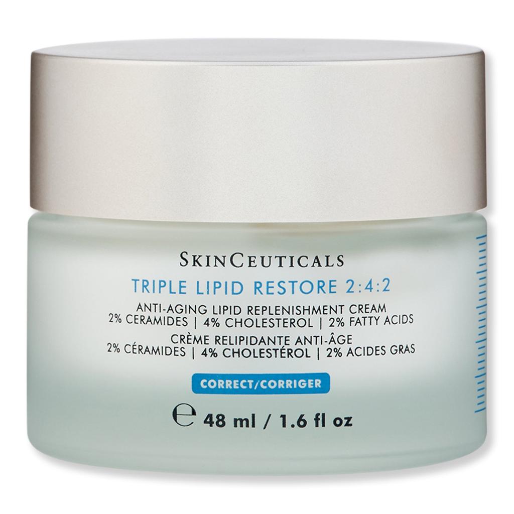 SkinCeuticals Triple Lipid Restore 2:4:2 cream jar, 48 ml, featuring a frosted light green glass container and a white lid, on a white background.