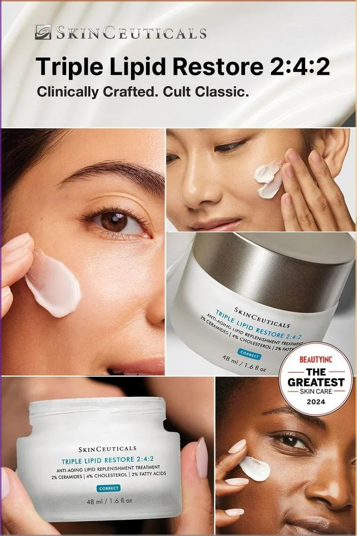 Promotional image of SkinCeuticals Triple Lipid Restore 2:4:2 with close-ups of a woman applying the product.