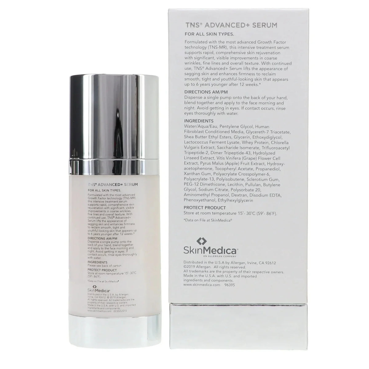 Skincare serum bottle with its packaging on a white background