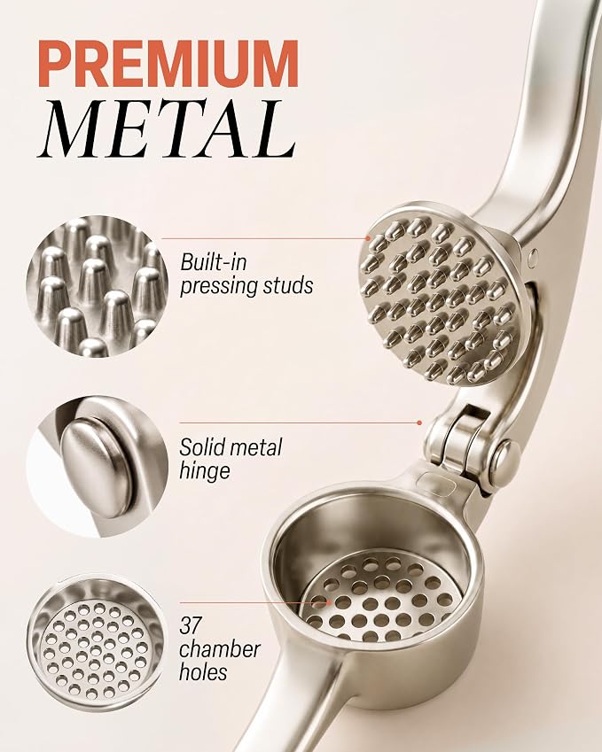 A stainless steel manual garlic press shown on a light beige background with marketing text and three circular detail callouts highlighting built-in pressing studs, a solid metal hinge, and 37 chamber holes.