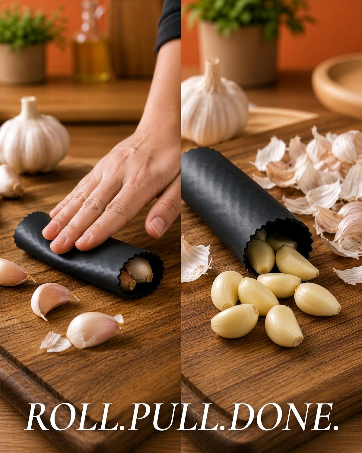 A split-screen demonstration of a garlic peeler. On the left, a hand rolls a black fluted garlic peeler over a whole garlic bulb on a wooden cutting board.