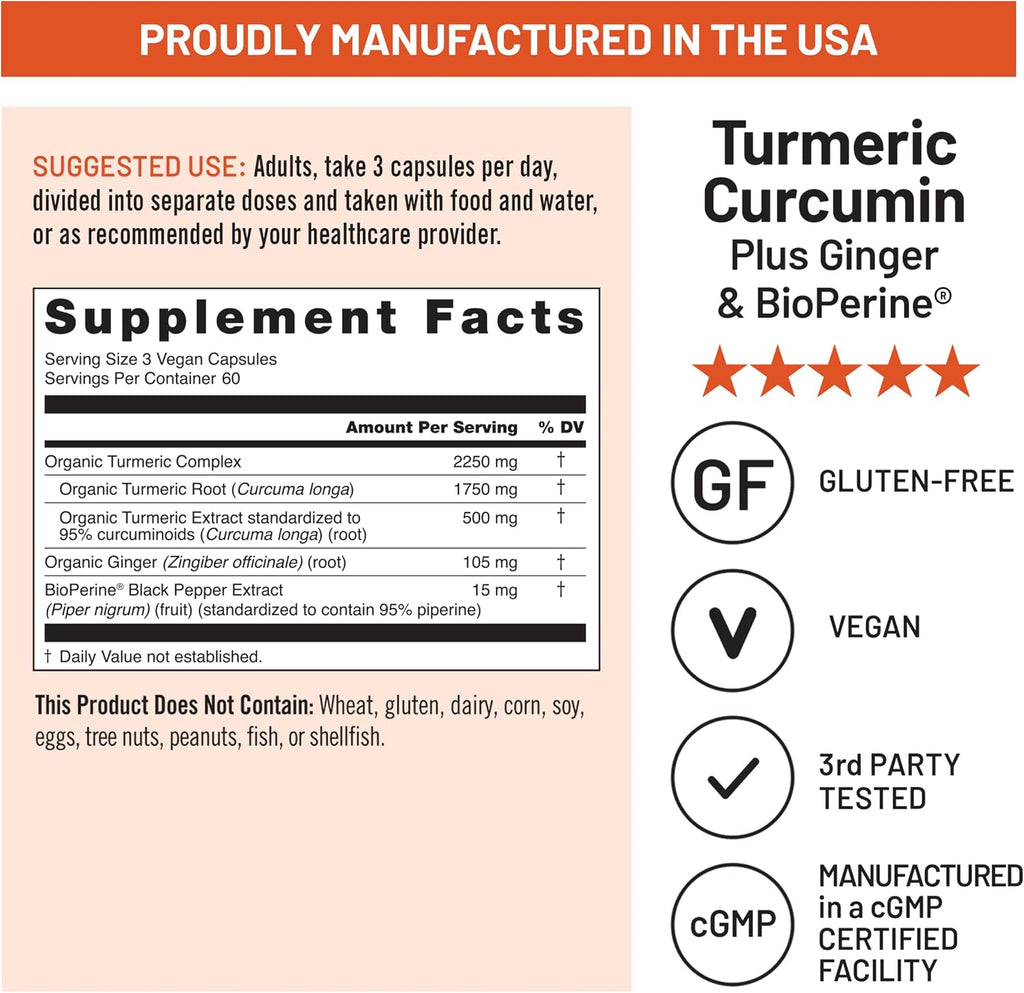 Turmeric Curcumin Supplement 2250mg with Black Pepper & Ginger | 180 Vegan Capsules
