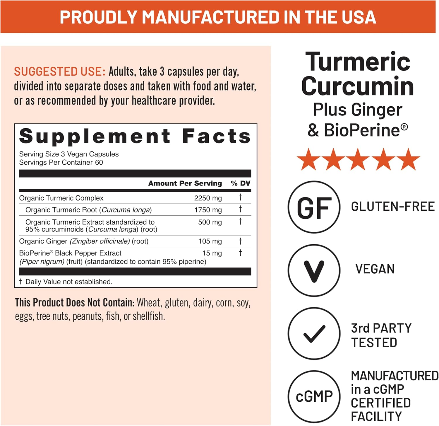 Turmeric Curcumin Supplement 2250mg with Black Pepper & Ginger | 180 Vegan Capsules