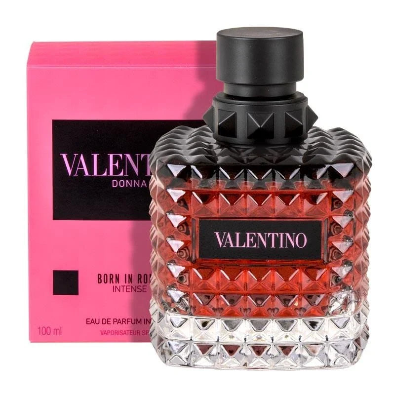 Valentino perfume bottle with pink packaging on a white background