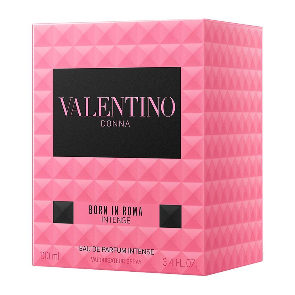 Valentino Donna Born in Roma Intense Eau de Parfum Intense box, featuring a pink geometric patterned design with a black central label.
