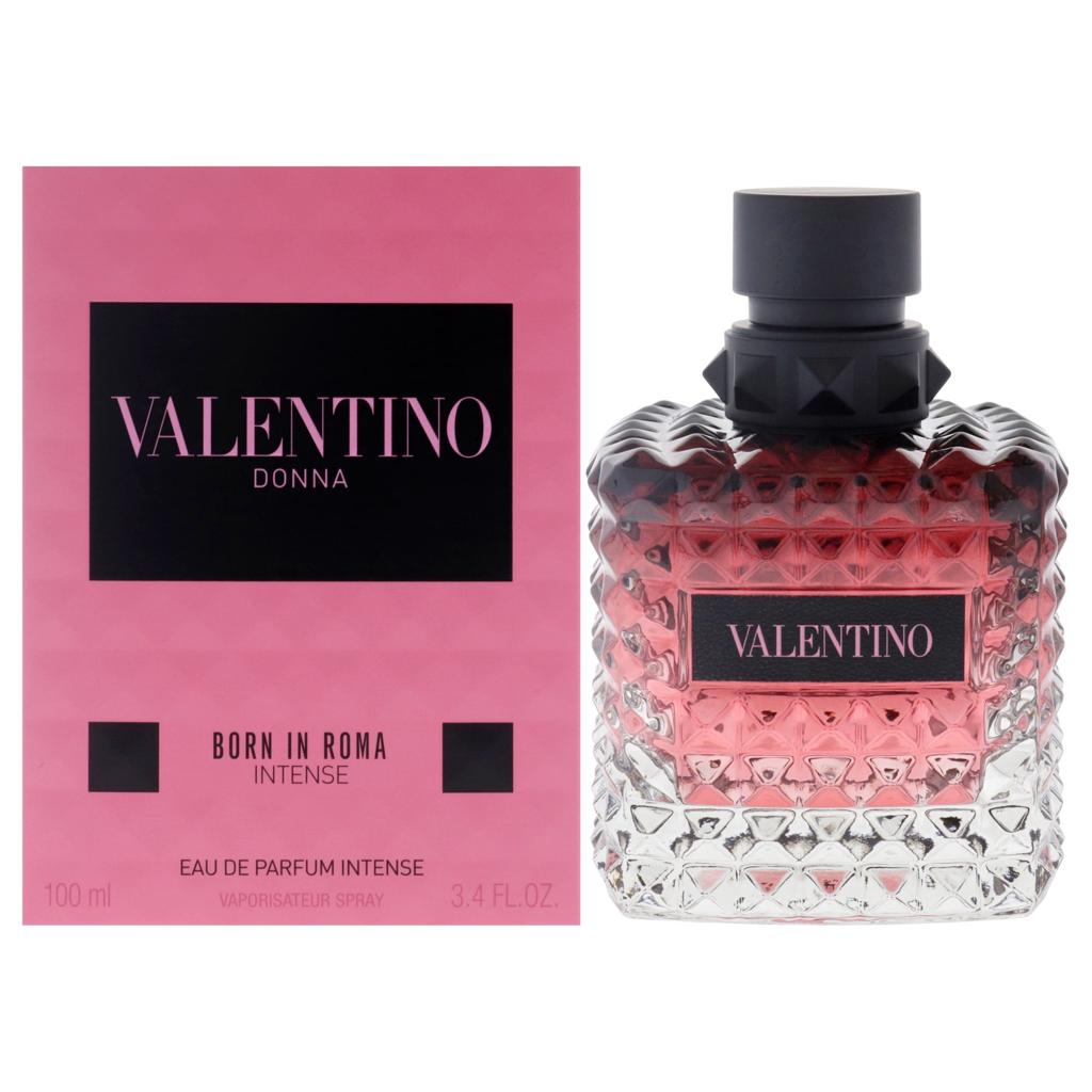 Valentino Donna Born in Roma Intense Eau de Parfum Intense 100ml bottle next to its pink packaging box.