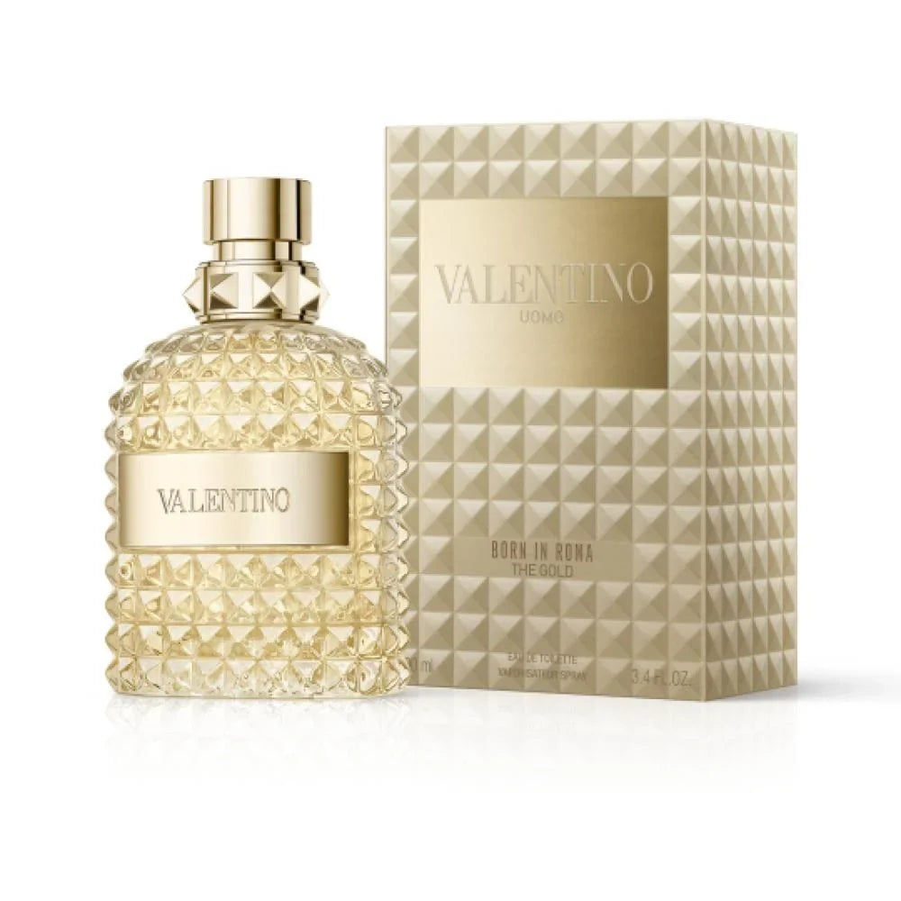 Valentino Crème perfume bottle and its matching textured packaging box, both in a champagne gold color, on a clean white background.